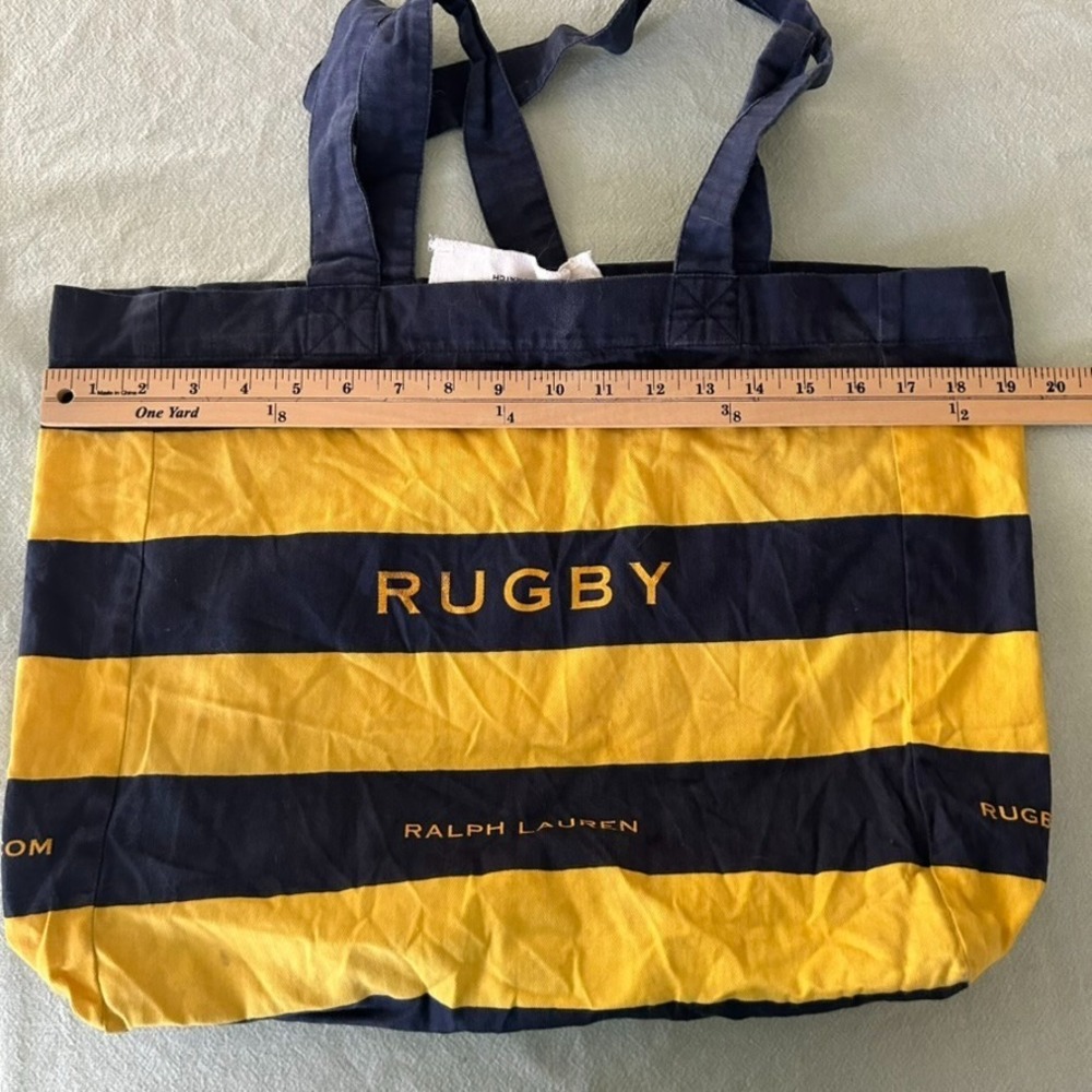 Vintage Rugby by Ralph Lauren Canvas Tote Bag Navy Yellow Stripes Logo - Picture 15 of 15